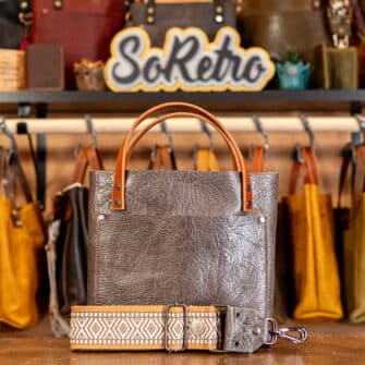 SoRetro Limited Mini FYG Leather Crossbody Tote - Iron Canyon Dancer with Limited Boomslang Beige on Sand Cotton Webbing - Gunmetal Hardware