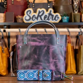 SoRetro Mini+ FYG Leather Crossbody Tote – Potassium Permanganate with Exclusivo Cosmic Pulse Cobalt on Gray Cotton Webbing – Chromalusion Hardware