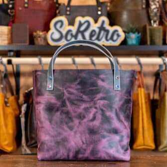 Alternative view of SoRetro Mini+ FYG Leather Crossbody Tote – Potassium Permanganate with Exclusivo Cosmic Pulse Cobalt on Gray Cotton Webbing – Chromalusion Hardware