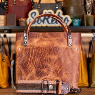 SoRetro Perfect FYG Leather Crossbody Tote – Marblewood with Limited Wooly Autumn Racer on People Mover Pink and Beige Webbing – Gunmetal Hardware