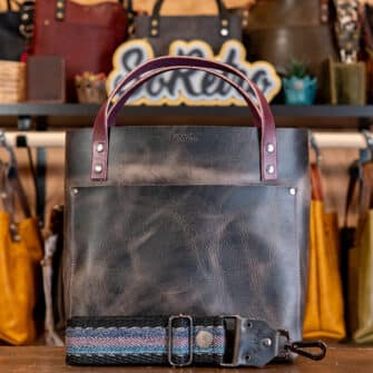 SoRetro Verdura Perfect FYG Leather Crossbody Tote – Tramonto Lunare with Limited Wooly Rose Racer on People Mover Iced Mochaccino Webbing – Gunmetal Hardware