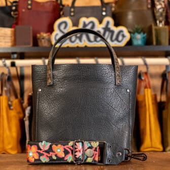 SoRetro Limited Especial Mini+ FYG Leather Crossbody Tote – The Black Sakura with Exclusivo Needlepoint Buttercup Rainbow Dark on Sand Cotton Webbing – Gunmetal Hardware