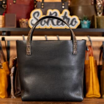 Alternative view of SoRetro Limited Especial Mini+ FYG Leather Crossbody Tote – The Black Sakura with Exclusivo Needlepoint Buttercup Rainbow Dark on Sand Cotton Webbing – Gunmetal Hardware