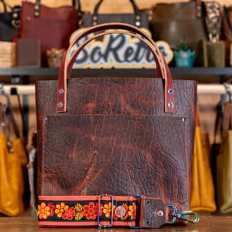 SoRetro Perfect FYG Leather Crossbody Tote – Chipotle BBQ with Limited Retro Harvest Blooms on Pink Grapefruit Cotton Webbing – Chromalusion Hardware