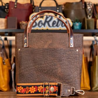SoRetro Perfect FYG Leather Crossbody Tote – Smokehouse with Limited Retro Harvest Blooms on Cinnamon Cotton Webbing – Bronze Hardware