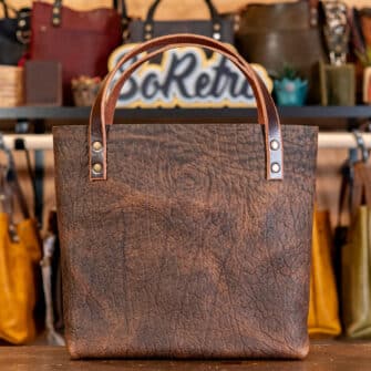 Alternative view of SoRetro Perfect FYG Leather Crossbody Tote – Smokehouse with Limited Retro Harvest Blooms on Cinnamon Cotton Webbing – Bronze Hardware