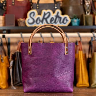Alternative view of SoRetro Mini FYG Leather Crossbody Tote - Crushed Berries with Limited Positano Petals on Super Special Striped SoRetro Webbing – Silver Hardware