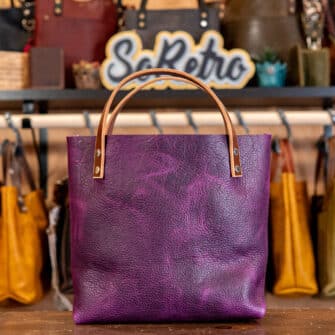 Alternative view of SoRetro Mini+ FYG Leather Crossbody Tote – Crushed Berries with Limited Positano Petals on Super Special Striped SoRetro Webbing – Silver Hardware