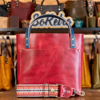 SoRetro Perfect FYG Leather Crossbody Tote – Process Magenta C with Limited Denali 90s Neon on Navy Cotton Webbing – Bronze Hardware