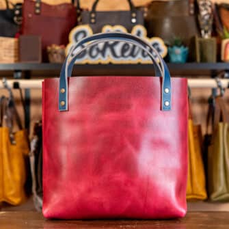 Alternative view of SoRetro Perfect FYG Leather Crossbody Tote – Process Magenta C with Limited Denali 90s Neon on Navy Cotton Webbing – Bronze Hardware