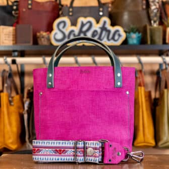 SoRetro Verdura Mini+ FYG Leather Crossbody Tote – La Tela Magenta with Limited Berried Treasures on Dark Teal Cotton Webbing – Gunmetal Hardware