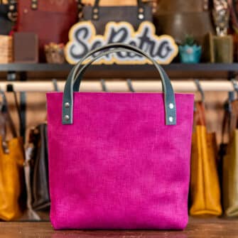 Alternative view of SoRetro Verdura Mini+ FYG Leather Crossbody Tote – La Tela Magenta with Limited Berried Treasures on Dark Teal Cotton Webbing – Gunmetal Hardware