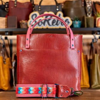 SoRetro Limited Perfect FYG Leather Crossbody Tote – Sierra Cotta with Limited Clamshell Backsplash Summer Daze on Mauve Cotton Webbing – Chromalusion Hardware