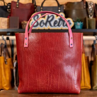 Alternative view of SoRetro Limited Perfect FYG Leather Crossbody Tote – Sierra Cotta with Limited Clamshell Backsplash Summer Daze on Mauve Cotton Webbing – Chromalusion Hardware