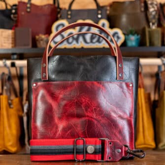 SoRetro Britannia Tone Tone Perfect FYG Leather Crossbody Tote – Baker Street and Oxford Circus with Limited Wooly Carbon Footprint Racer on Strawberry Cotton Webbing – Gunmetal Hardware