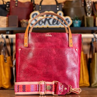 SoRetro Britannia Perfect FYG Leather Crossbody Tote – Covent Garden with Limited Organized Chaos Summerfest on Vintage Pink Cotton Webbing – Shiny Gold Hardware