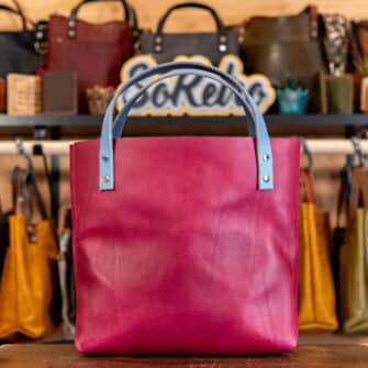 Alternative view of SoRetro Verdura Perfect FYG Leather Crossbody Tote – Bocciolo di Rosa with Limited Tejidas de Ghephe on Raspberry Cotton Webbing – Chromalusion Hardware