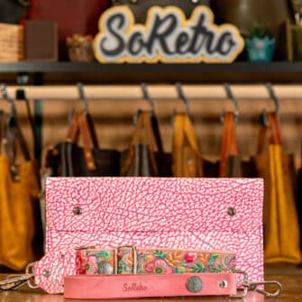 SoRetro Limited Verdura FYG Crossbody Clutch - Cuore di Drago with Exclusivo Climbing Clematis Cherry on Hot Pink and Beige Lattice Webbing -Silver Hardware