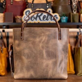 Alternative view of SoRetro Perfect FYG Leather Crossbody Tote – Petoskey Brown with Full Size Serape Stripes Surprise on Chocolate Cotton Webbing – Gunmetal Hardware