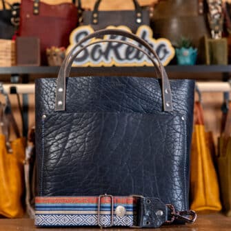 SoRetro Perfect FYG Leather Crossbody Tote – Thicc Boi Super Chunk Dark Waters with SortaWide Serape Stripes Surprise on Dark Plum Cotton Webbing – Gunmetal Hardware