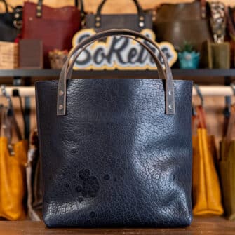 Alternative view of SoRetro Perfect FYG Leather Crossbody Tote – Thicc Boi Super Chunk Dark Waters with SortaWide Serape Stripes Surprise on Dark Plum Cotton Webbing – Gunmetal Hardware