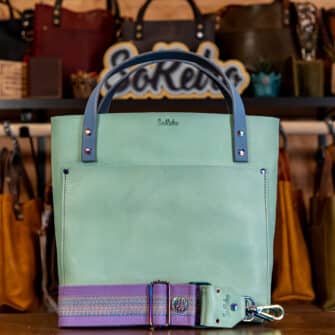 SoRetro Verdura Perfect FYG Leather Crossbody Tote – Vetro Da Spiaggia with Limited Wooly Spring Racer on Lavender Cotton Webbing – Chromalusion Hardware