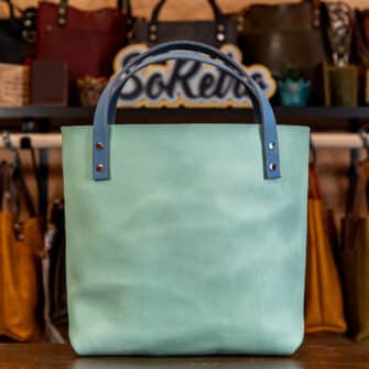 Alternative view of SoRetro Verdura Perfect FYG Leather Crossbody Tote – Vetro Da Spiaggia with Limited Wooly Spring Racer on Lavender Cotton Webbing – Chromalusion Hardware