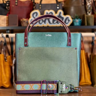 SoRetro Limited Two Tone Perfect FYG Leather Crossbody Tote – ChromaChameleon Aqua with Limited Coastal Sunrise Diamonds on Eggplant Cotton Webbing – Chromalusion Hardware