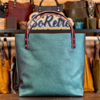 Alternative view of SoRetro Limited Two Tone Perfect FYG Leather Crossbody Tote – ChromaChameleon Aqua with Limited Coastal Sunrise Diamonds on Eggplant Cotton Webbing – Chromalusion Hardware