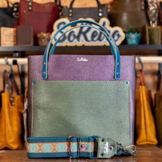 SoRetro Limited Two Tone Perfect FYG Leather Crossbody Tote – ChromaChameleon Violet with Limited Coastal Sunrise Diamonds on Dark Teal Cotton Webbing – Chromalusion Hardware