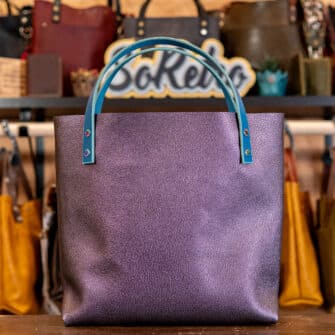 Alternative view of SoRetro Limited Two Tone Perfect FYG Leather Crossbody Tote – ChromaChameleon Violet with Limited Coastal Sunrise Diamonds on Dark Teal Cotton Webbing – Chromalusion Hardware