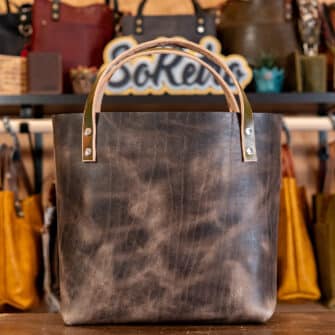 Alternative view of SoRetro Perfect FYG Leather Crossbody Tote – Dark Side of the Moon with SortaWide Serape Stripes Surprise on Otsego OIive Webbing – Silver Hardware