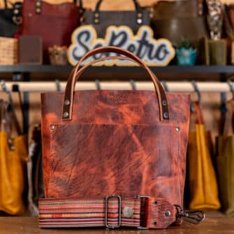 SoRetro Mini+ FYG Leather Crossbody Tote – Blood Moon with SortaWide Serape Stripes Surprise on Otsego Brown Webbing – Gunmetal Hardware