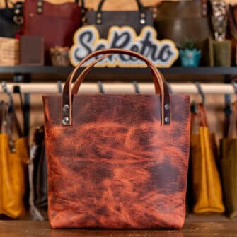 Alternative view of SoRetro Mini+ FYG Leather Crossbody Tote – Blood Moon with SortaWide Serape Stripes Surprise on Otsego Brown Webbing – Gunmetal Hardware