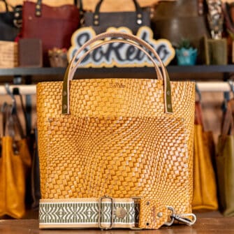 SoRetro Perfect FYG Leather Crossbody Tote – Warped Granola with Limited Woodstock Olive on Dune Cotton Webbing – Bronze Hardware