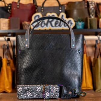 SoRetro Perfect FYG Leather Crossbody Tote – Underwater Basketcase with Limited Moonlit Ivy on Black and Beige Lattice Webbing – Chromalusion Hardware