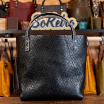 Alternative view of SoRetro Perfect FYG Leather Crossbody Tote – Underwater Basketcase with Limited Moonlit Ivy on Black and Beige Lattice Webbing – Chromalusion Hardware