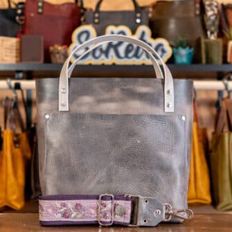 SoRetro Especial Reservo Perfect FYG Leather Crossbody Tote – Granite Ridge with Exclusivo Snow Crystals Plum on Eggplant Cotton Webbing – Silver Hardware