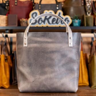 Alternative view of SoRetro Especial Reservo Perfect FYG Leather Crossbody Tote – Granite Ridge with Exclusivo Snow Crystals Plum on Eggplant Cotton Webbing – Silver Hardware