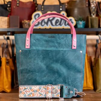 SoRetro Verdura Perfect FYG Leather Crossbody Tote – Formaggio Blu Cremoso with Exclusivo Versailles Garden Salmon on Gray Cotton Webbing – Silver Hardware