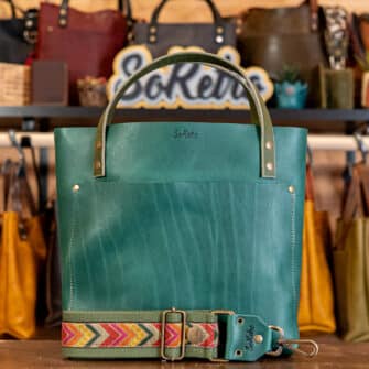 SoRetro Verdura Perfect FYG Leather Crossbody Tote – Mare Forte Acqua with Limited Vintage Herringbone Dot on Olive Cotton Webbing – Bronze Hardware