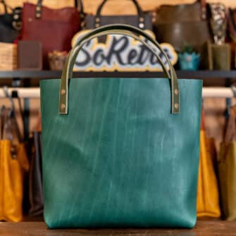 Alternative view of SoRetro Verdura Perfect FYG Leather Crossbody Tote – Mare Forte Acqua with Limited Vintage Herringbone Dot on Olive Cotton Webbing – Bronze Hardware