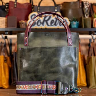 SoRetro Especial Reservo Perfect FYG Leather Crossbody Tote – The Giving Trees with Exclusivo Morning Glory Autumn on Eggplant Cotton Webbing – Chromalusion Hardware