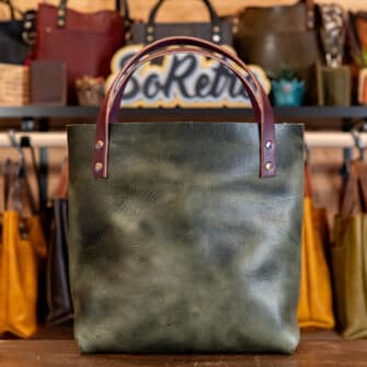 Alternative view of SoRetro Especial Reservo Perfect FYG Leather Crossbody Tote – The Giving Trees with Exclusivo Morning Glory Autumn on Eggplant Cotton Webbing – Chromalusion Hardware