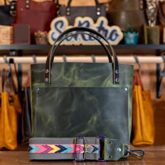 SoRetro Mini+ FYG Leather Crossbody Tote – Gamma Radiation Green with Summer Chevron on Gray Cotton Webbing – Chromalusion Hardware