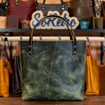 Alternative view of SoRetro Mini+ FYG Leather Crossbody Tote – Gamma Radiation Green with Summer Chevron on Gray Cotton Webbing – Chromalusion Hardware