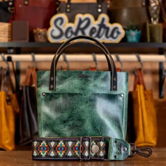 SoRetro Britannia Mini FYG Leather Crossbody Tote - Turnham Green with Alt Black Rafael on Lime Cotton Webbing - Gunmetal Hardware