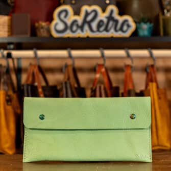 Alternative view of SoRetro FYG Crossbody Clutch - Key Lime Pie with Exclusivo Highland Wildflowers Sage on Pale Seafoam Cotton Webbing - Chromalusion Hardware