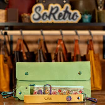SoRetro FYG Crossbody Clutch - Key Lime Pie with Exclusivo Highland Wildflowers Sage on Pale Seafoam Cotton Webbing - Chromalusion Hardware