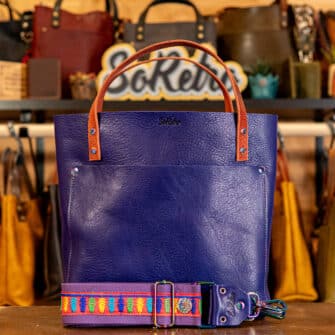 SoRetro Verdura Perfect FYG Leather Crossbody Tote – Lago di Ultravioletta with Exclusivo Happy Pinky Rainbow Trees on Violet Webbing – Chromalusion Hardware